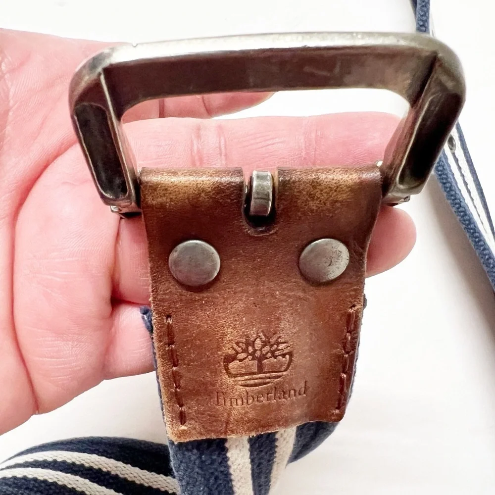 Timberland Mens Vintage White Navy Striped Canvas Grommet Detail Leather Belt